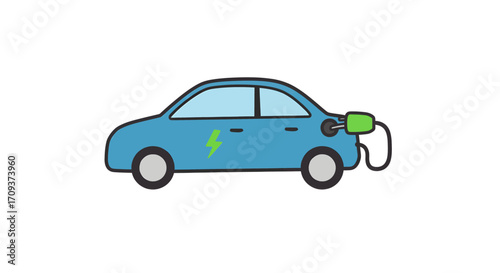 Illustration of a light blue electric car being charged with a green plug, showing environmental technology.