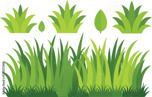 Detailed green grass and bush bundles vector illustration scalable nature elements