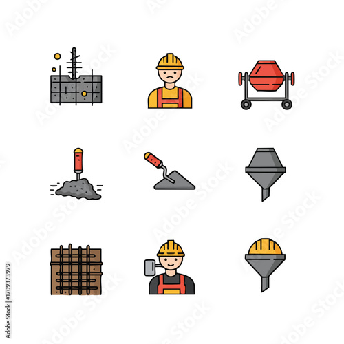 This vibrant collection of flat design icons effectively illustrates essential tools, materials, and personnel crucial for the dynamic modern construction industry.