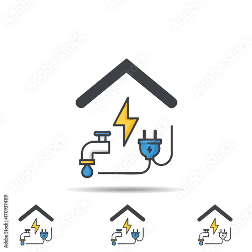 This colorful graphic depicts crucial home services, combining elements of water supply, electrical power, and sustainable energy solutions within a house symbol.