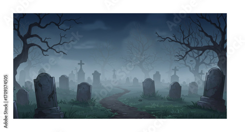 Graveyard scene with mysterious fog.
