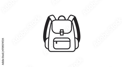 Line art drawing of a backpack with straps and pockets.