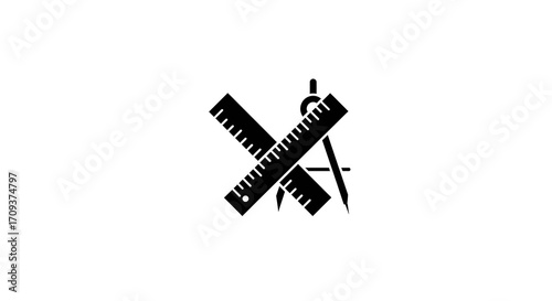 Black and white image of crossed rulers and a compass, representing geometry and design.