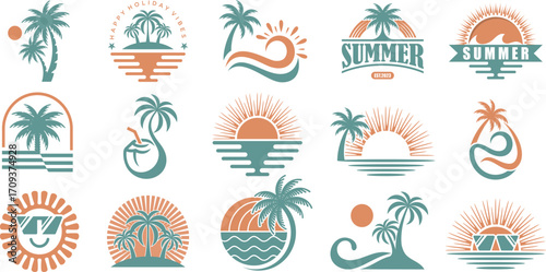 Summer holidays logo. Summer beach, vacation, travel, tropical paradise emblems. Vector illustration