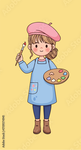 Cute Girl Artist Painting with Palette.