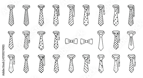 A collection of various neckties and bowties in a black and white illustration, showcasing different patterns.