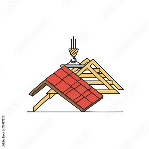 A clean line art illustration captures a crane hook carefully lowering a red tiled roof section onto a wooden truss frame during a construction or renovation.