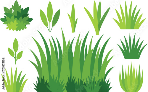 Scalable vector illustration of green grass and bush bundles for nature designs