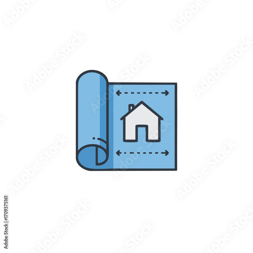 This clean, modern icon illustrates a rolled-out blueprint displaying a simple house design, perfect for themes of home building and property development.