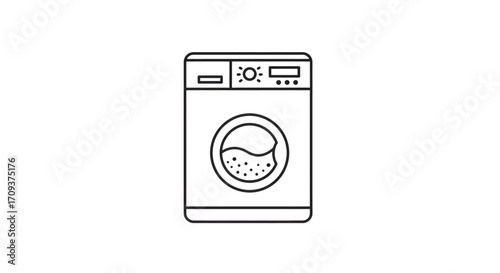 Line art illustration of a front-loading washing machine with water and bubbles inside the drum, symbolizing laundry or cleaning.