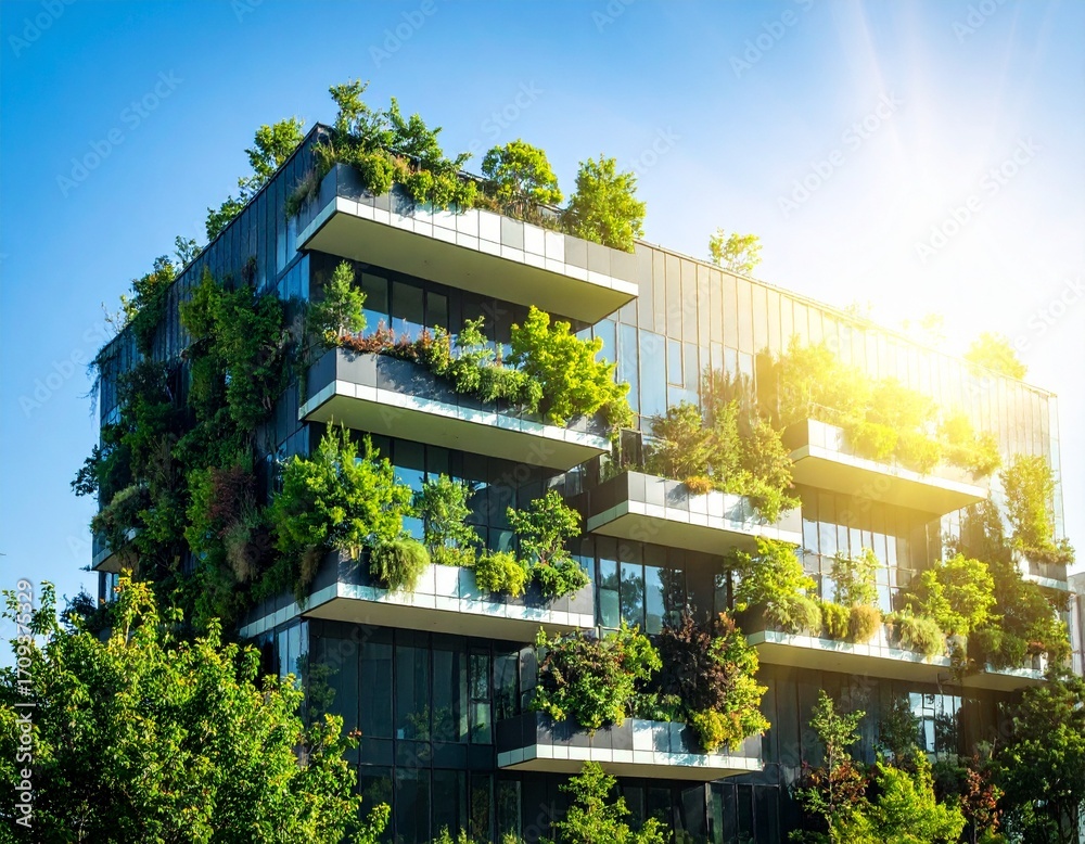 Fototapeta premium modern building with a glass facade and layered balconies overflowing with lush green plants, brilliantly lit by the sun.