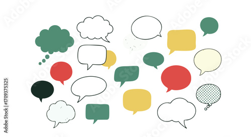 Various colorful speech bubbles floating against a white background, representing communication and ideas.