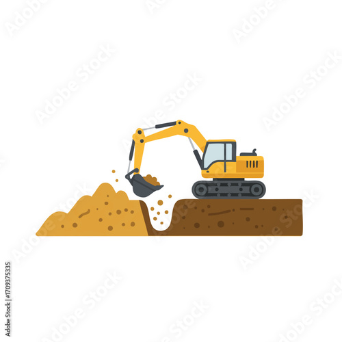 A vibrant yellow excavator efficiently digs a deep trench, moving brown earth to create a large pile, illustrating heavy construction work and site preparation.