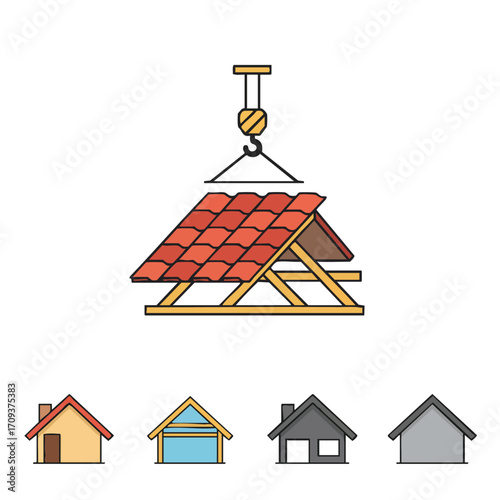 An illustrative graphic depicting a crane carefully positioning a new roof structure onto a house frame, symbolizing modern residential construction and development.