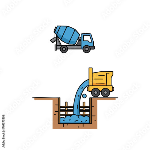 An illustrative graphic depicting a blue concrete mixer truck alongside a construction vehicle pouring fresh cement into a rebar-reinforced foundation trench.