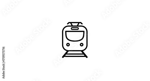 Simple black and white line drawing of a train on train tracks.