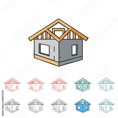 A detailed illustration depicting the early stages of house construction, showcasing the foundational walls and exposed roof framing, symbolizing building progress.