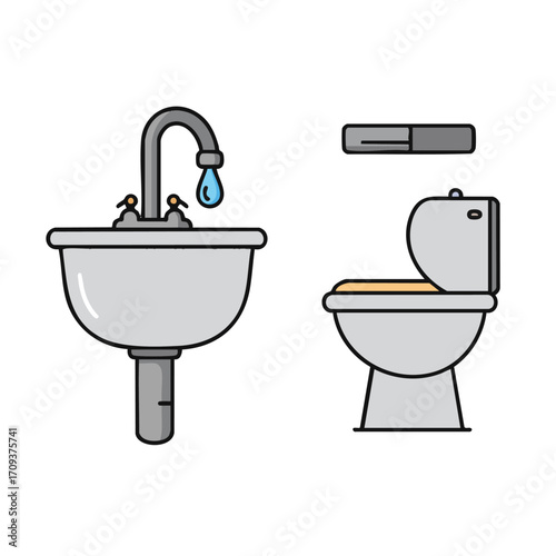 A clear, modern vector illustration depicts essential bathroom fixtures, including a sink with a dripping faucet and a standard toilet, symbolizing plumbing and hygiene.