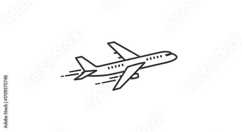 A minimalist line art icon of a commercial airplane in flight, depicted with speed lines on a clean white background.