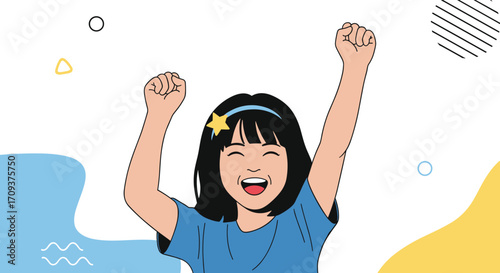 A young girl expresses her excitement and joy with her arms raised in celebration.