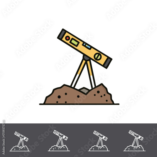 A precision spirit level, mounted on a tripod and placed on a mound of earth, symbolizing accurate measurement and site preparation for construction projects.