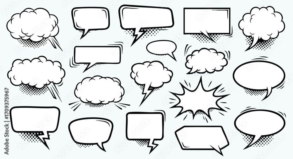 Obraz premium A collection of various empty speech bubbles and thought clouds, perfect for comic book design.