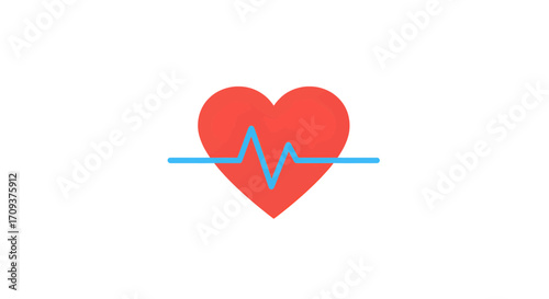 A vibrant red heart icon with a blue ECG line symbolizing health, life, and medical care on a clean white background.