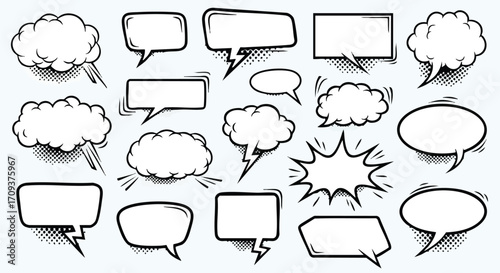 A collection of various empty speech bubbles and thought clouds, perfect for comic book design.