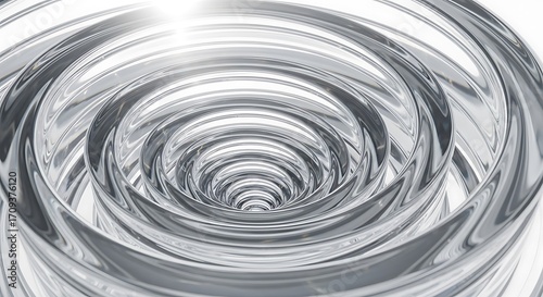 Abstract background with reflective spiral tunnel of shiny silver rings and chrome elements, depicting modern design and a futuristic aesthetic.