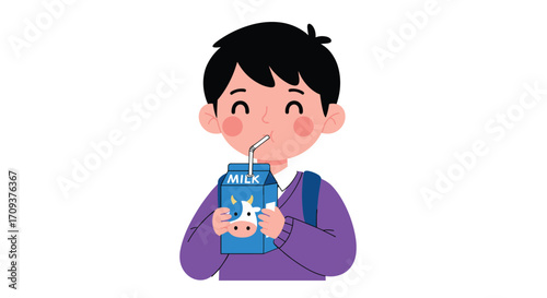 A happy boy drinks milk from a carton with a straw.