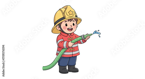 Cartoon Firefighter Boy with Hose.