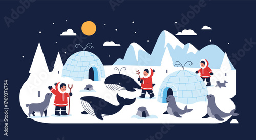 Indigenous people interact with marine mammals near igloos under a starry night sky.