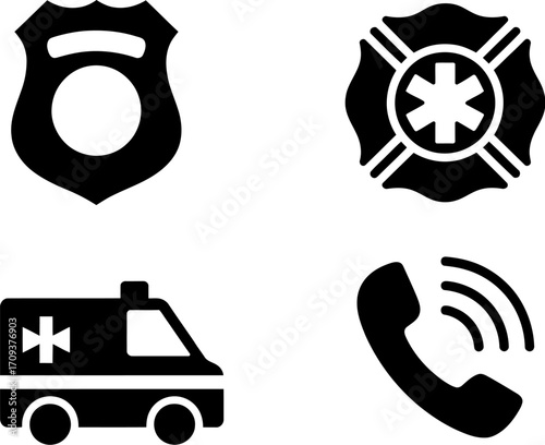 Emergency service icons: police badge, star of life, ambulance, and phone call