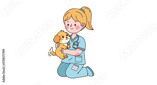 Caring Veterinarian Gently Holds Adorable Puppy.