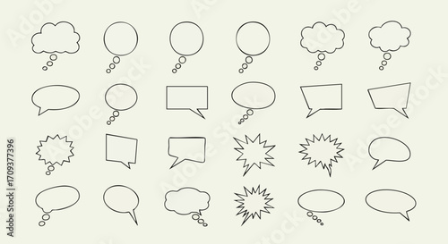 Collection of various speech bubble outlines, representing communication and dialogue, arranged on a neutral background.