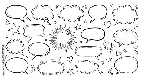 Collection of various hand-drawn speech bubbles, stars, and decorative elements.