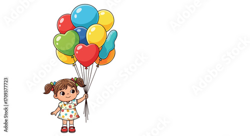 Cute Cartoon Girl Holding Many Colorful Balloons.
