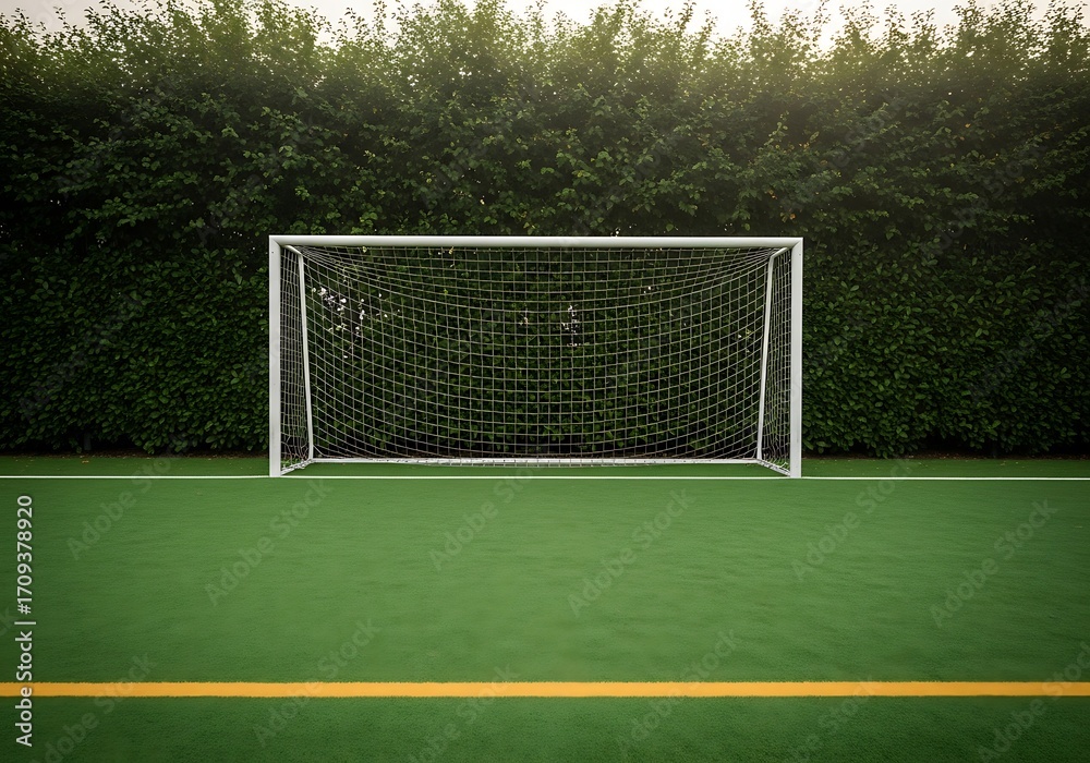 Fototapeta premium Soccer Goal on Green Field with Lush Green Hedge Background