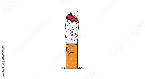 A lit cigarette burns down with ashes falling onto a white background.
