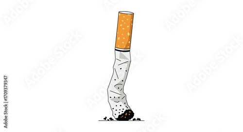 A bent and discarded cigarette butt on the ground. .