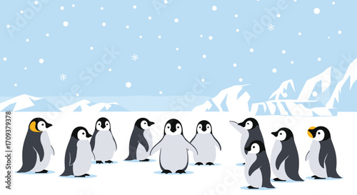 A charming group of penguins gathers in a snowy arctic landscape under falling snowflakes.