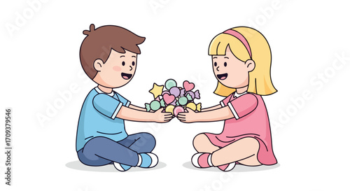 Children Sharing Colorful Candy Treats.