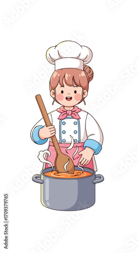 Cute Cartoon Chef Cooking Delicious Food.