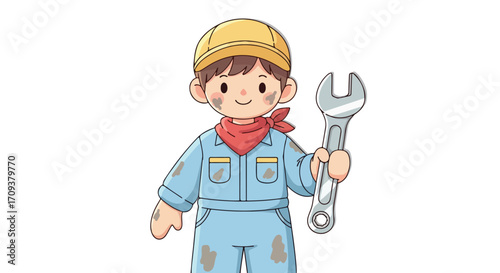 Cartoon Mechanic Holding a Wrench and Wearing a Hard Hat.