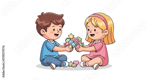 Cute cartoon boy and girl sharing toy blocks.