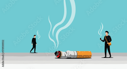 Two people walking away from a large extinguished cigarette on a clear day.
