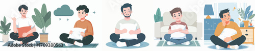 vector man sitting on the floor hugging a pillow