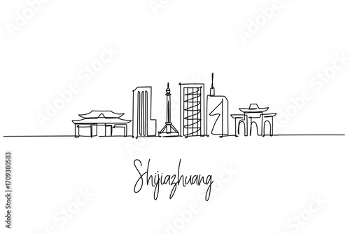 Minimalist single line drawing of Shijiazhuang skyline blends modern towers and traditional gates, perfect cultural and architectural artwork representing this important northern Chinese city.