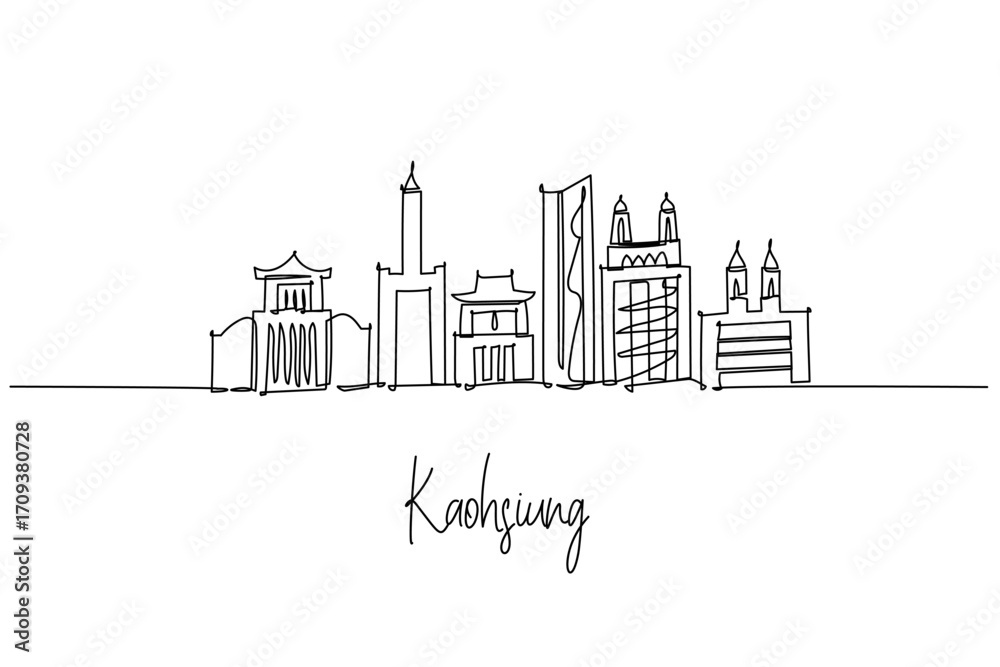 Obraz premium Stylish one line drawing of Kaohsiung skyline combines temples, towers and cultural landmarks in minimalist outline, ideal for architecture prints, cityscape posters and travel illustration.