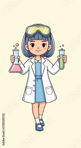 Young Girl Scientist Conducting Chemistry Experiments.